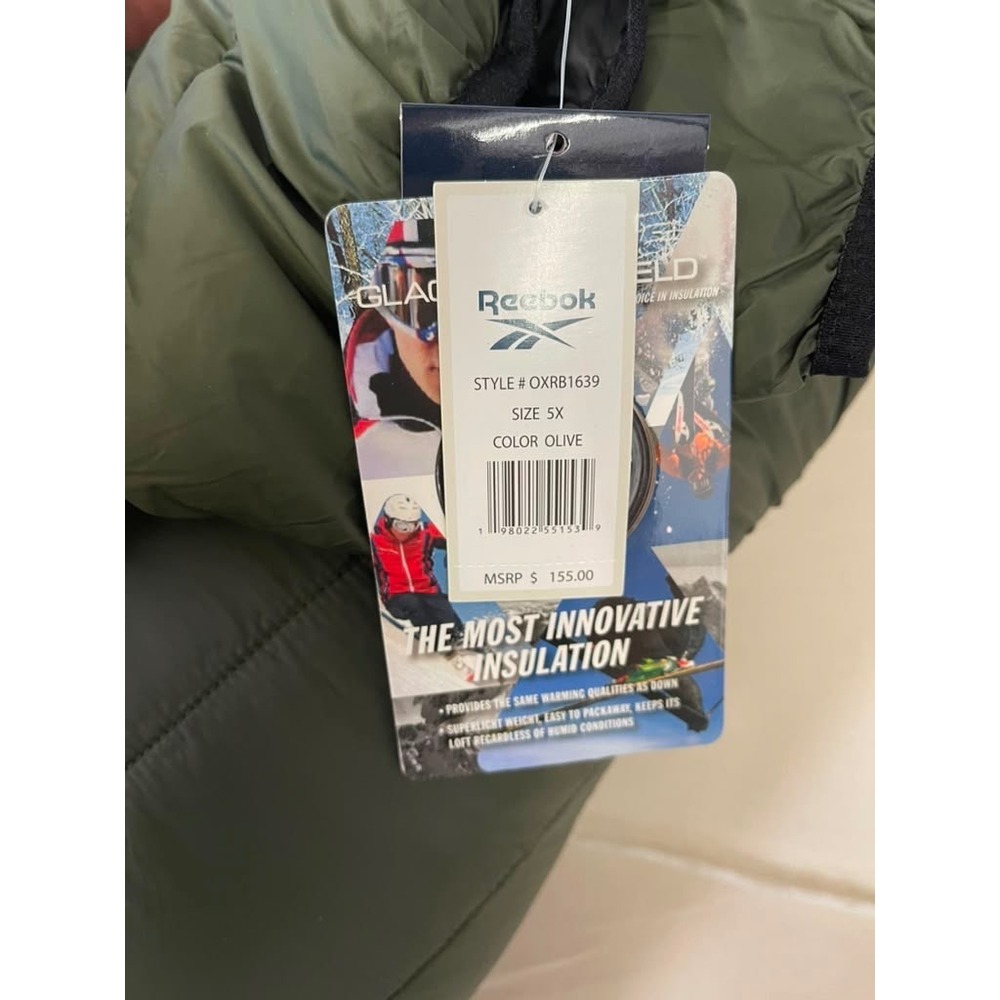 Reebok Mens Glacier Shield Puffer Jacket Olive Green Hooded OXRB1639 Size 5X NWT - Picture 3 of 4